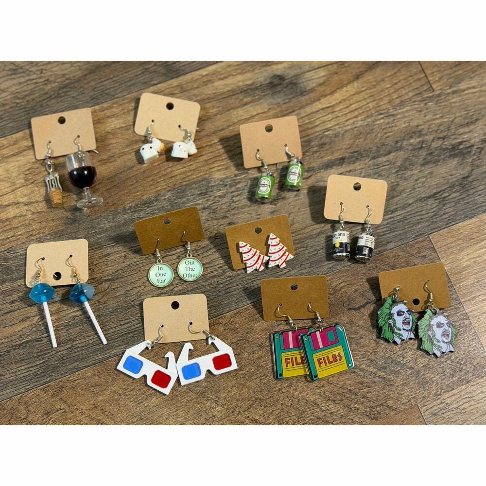 Novelty Dangle Earrings Lot 9 Pairs Beer, Wine, Ghosts, Christmas, Movie & More